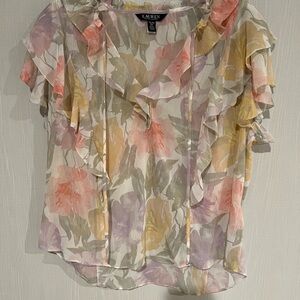 Lauren Ralph Lauren Orange and Yellow Flutter Sleeve Blouse